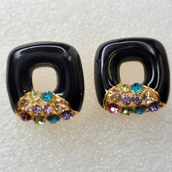 Black Square Earrings With Colorful Crystals - Picture 2 of 9